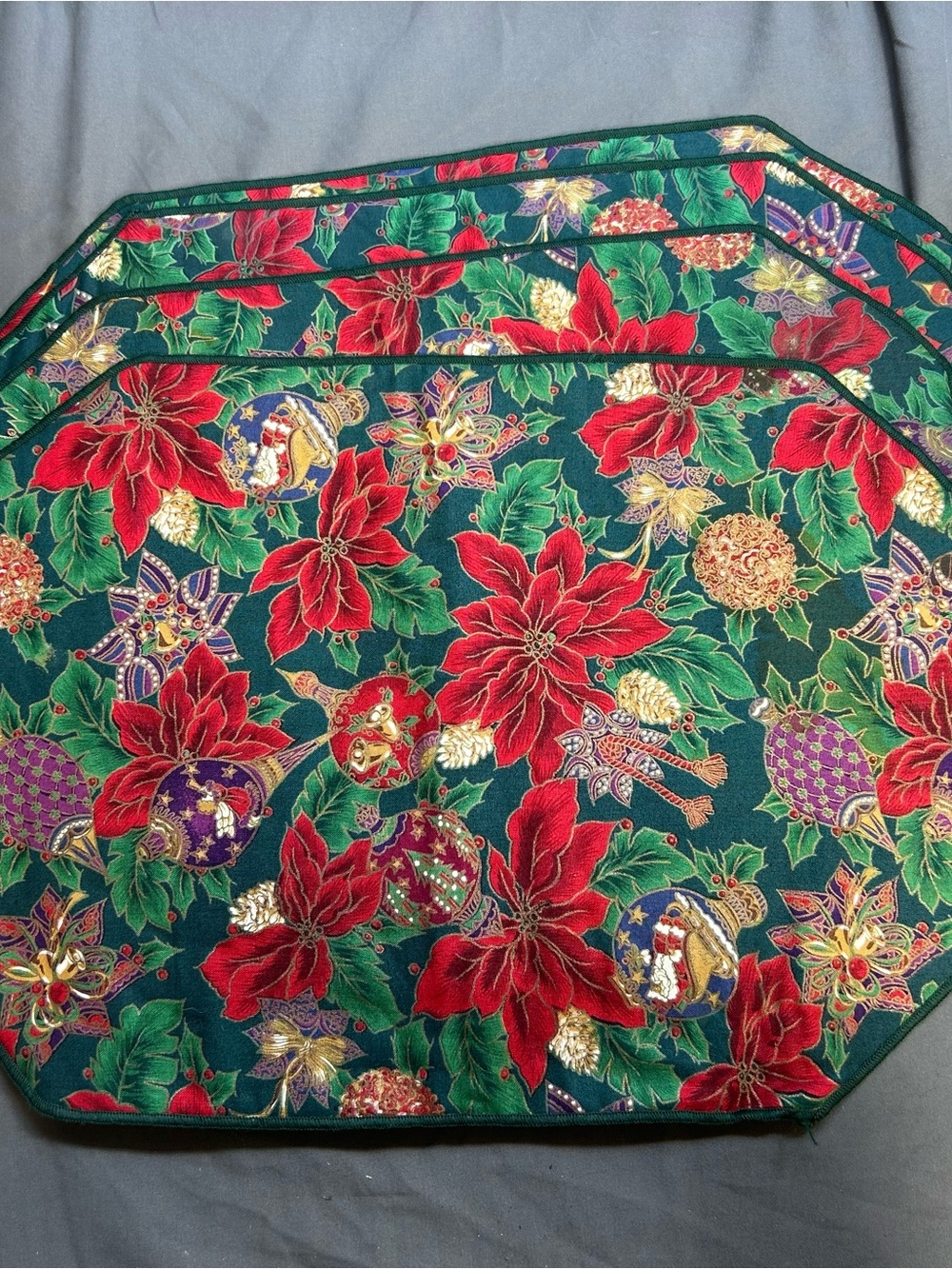 Vintage Set of 4 Christmas Double Sided Fabric Placemats Poinsettia